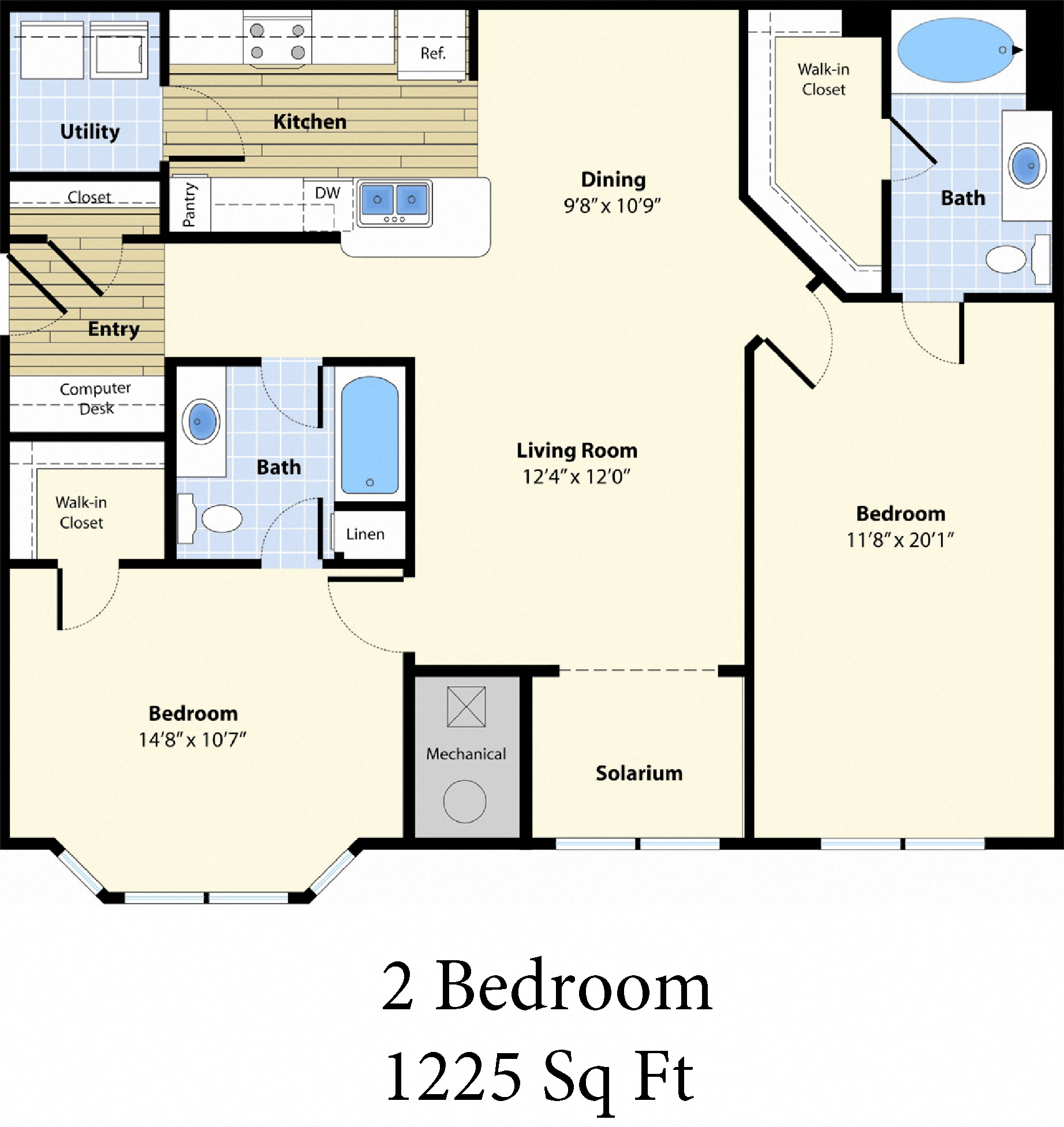 Floor plan for 2 beds, 2 baths, 1225 sqft